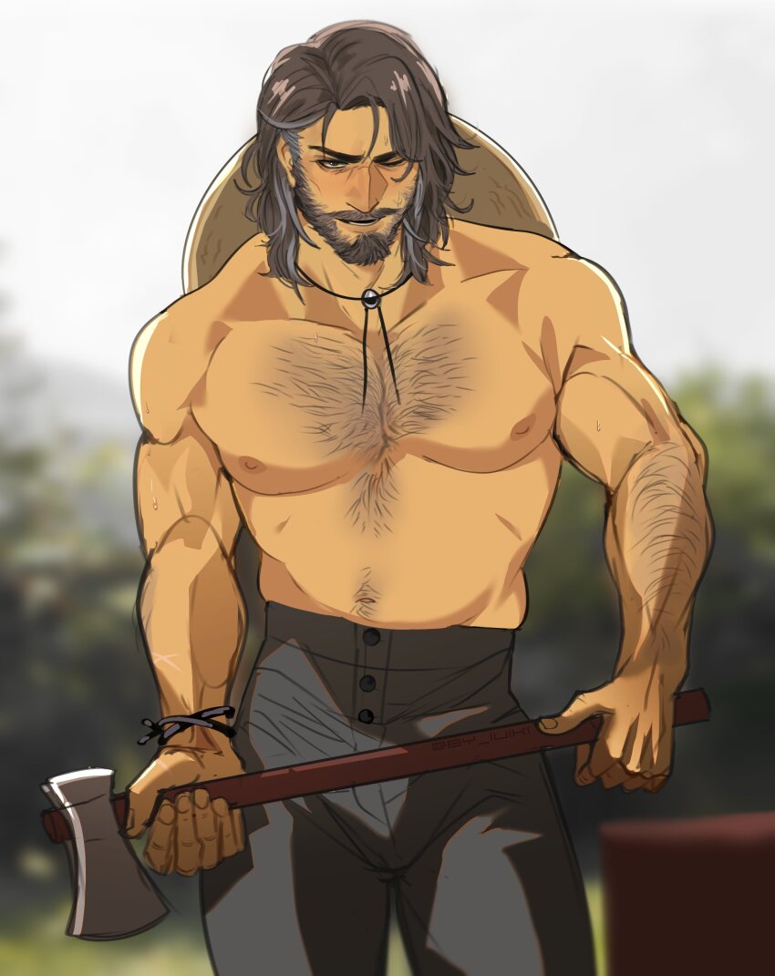 1boy, absurdres, arm_hair, axe, bara, beard, chest_hair, commentary_request, facial_hair, fields_of_mistria, full_beard, hayden_(fields_of_mistria), highres, holding, holding_axe, luiki, male_focus, mature_male, medium_hair, multicolored_hair, muscular, muscular_male, navel, navel_hair, nipples, one_eye_closed, outdoors, parted_lips, pectorals, portuguese_commentary, solo, topless_male, two-tone_hair, variant_set