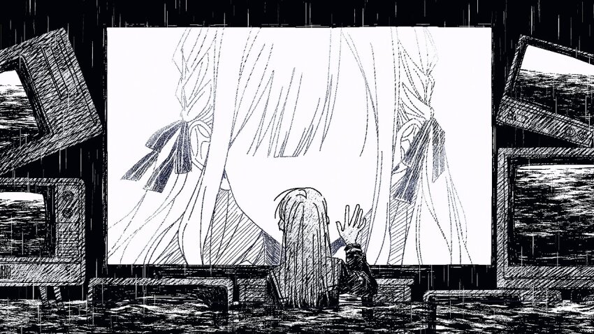 2girls, back, bang_dream!, bang_dream!_it's_mygo!!!!!, braid, crt, faceless, faceless_female, facing_viewer, from_behind, hair_ribbon, hand_on_screen, hand_up, long_hair, monochrome, multiple_girls, mutsumi/mortis_headspace, nnneemmooo, ribbon, school_uniform, side_braids, straight-on, swept_bangs, television, togawa_sakiko, tsukinomori_school_uniform, two_side_up, wakaba_mutsumi