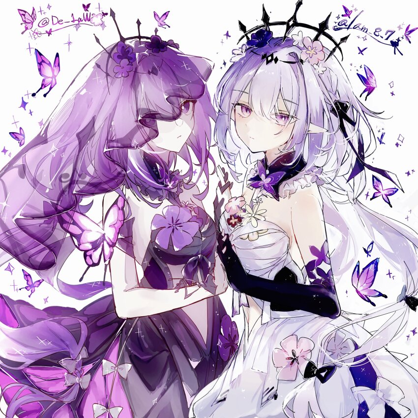 2girls, artist_collaboration, black_dress, black_gloves, black_tiara, bright_pupils, bug, butterfly