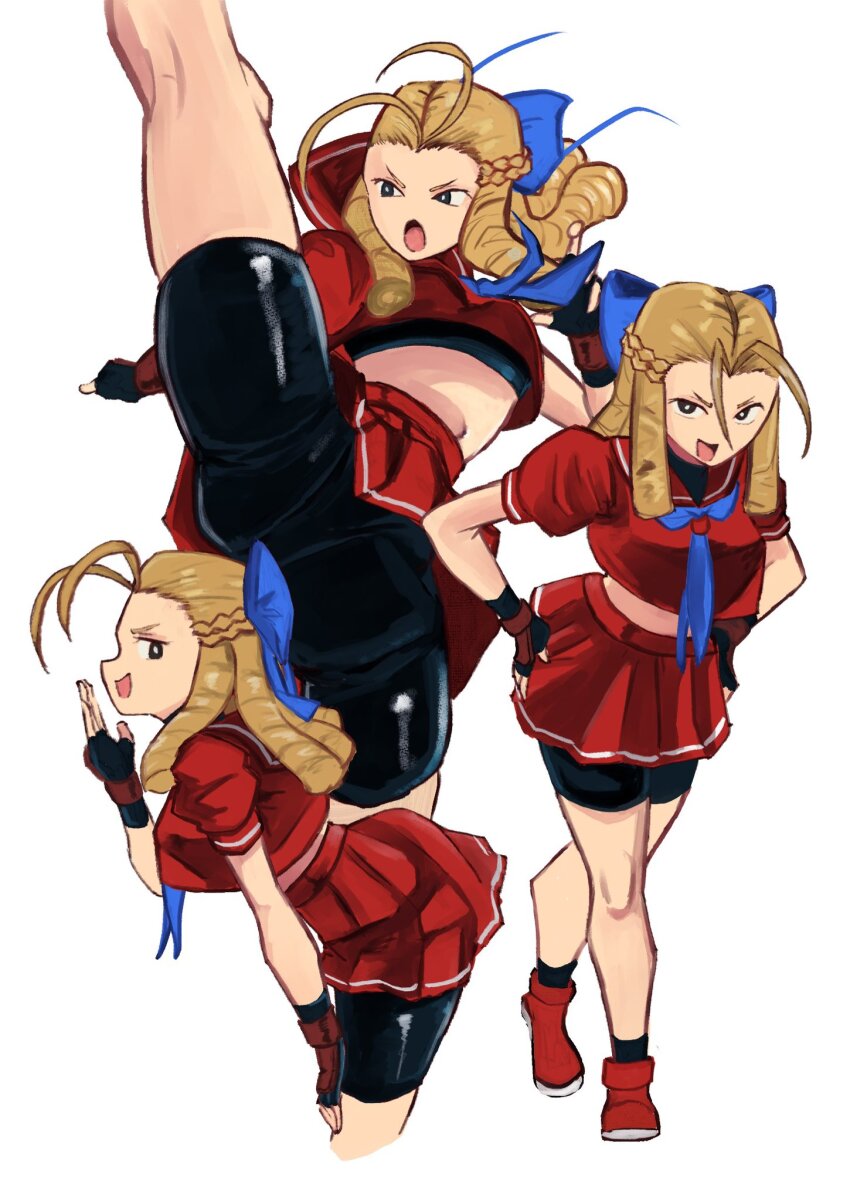 1girl, bike_shorts, bike_shorts_under_skirt, black_eyes, black_gloves, black_shorts, blonde_hair, blue_bow