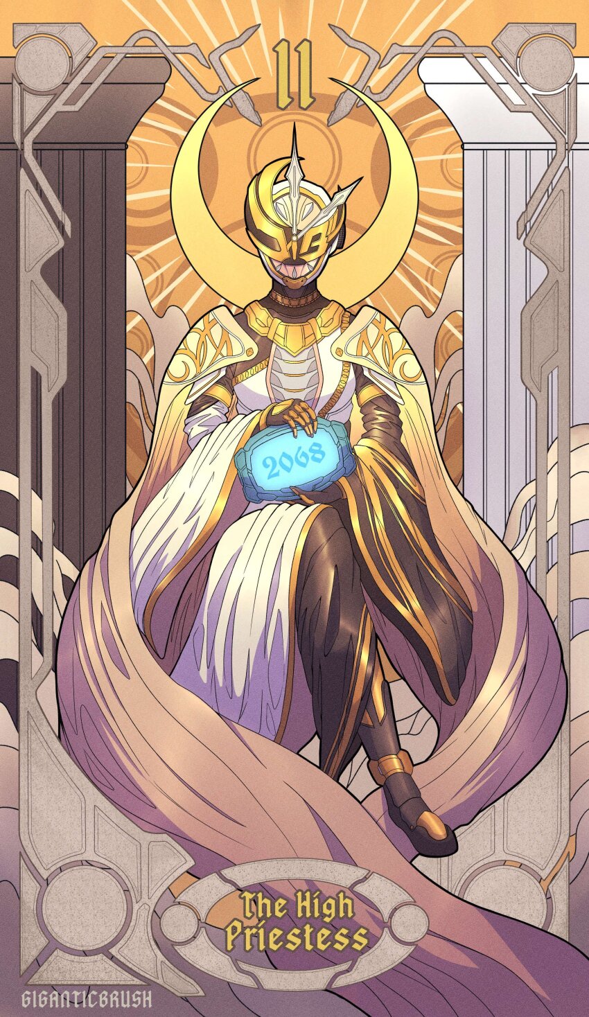 1girl, 2068, absurdres, armor, asymmetrical_armor, black_bodysuit, bodysuit, cape, card_(medium), clock_hands, dress, english_text, gears, giganticbrush, gold_gloves, helmet, highres, holding, kamen_rider, kamen_rider_tsukuyomi, kamen_rider_zi-o_(series), looking_at_viewer, open_hands, pun, sash, shoulder_sash, sitting, solo, tarot, tarot_(medium), the_high_priestess_(tarot), white_armor, yellow_eyes