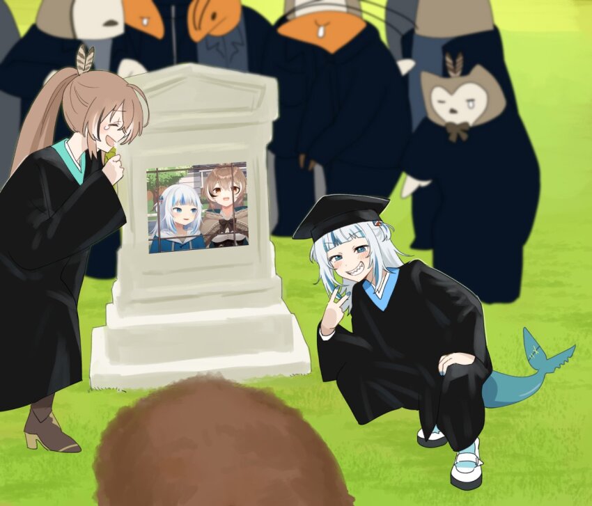 2girls, black_robe, blunt_bangs, brown_hair, clenched_teeth, closed_eyes, commentary, crying