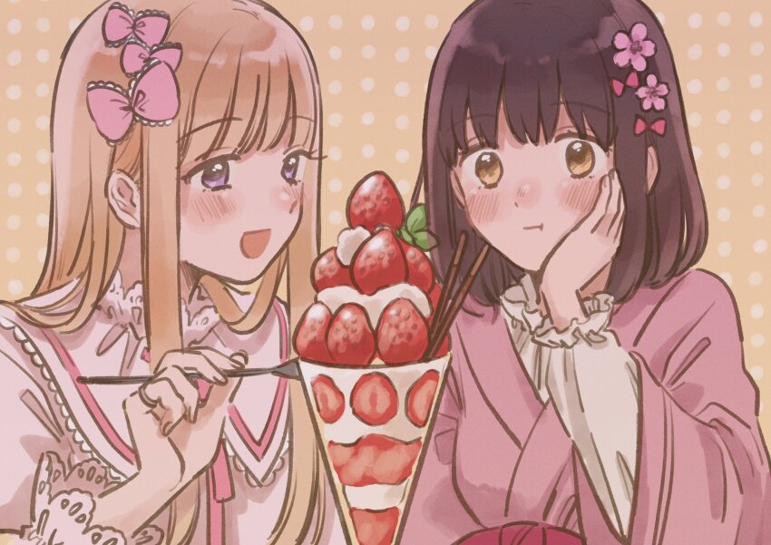 2girls, axis_powers_hetalia, black_hair, blonde_hair, blush, bow, closed_mouth, collared_dress