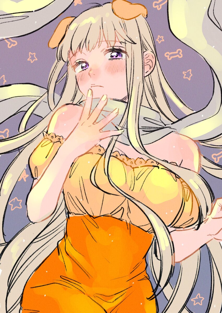 1girl, animal_ears, axis_powers_hetalia, bare_shoulders, blush, breasts, closed_mouth, cowboy_shot, dog_ears, dog_girl, dress, fingernails, floating_clothes, genderswap, genderswap_(mtf), grey_hair, hands_up, highres, kemonomimi_mode, large_breasts, long_hair, looking_at_viewer, nail_polish, non0v0_aph, orange_dress, purple_background, purple_eyes, russia_(female)_(hetalia), russia_(hetalia), scarf, sleeveless, sleeveless_dress, solo, standing, star_(symbol), star_symbol_background, strapless, strapless_dress, two-tone_dress, white_scarf, yellow_dress, yellow_nails