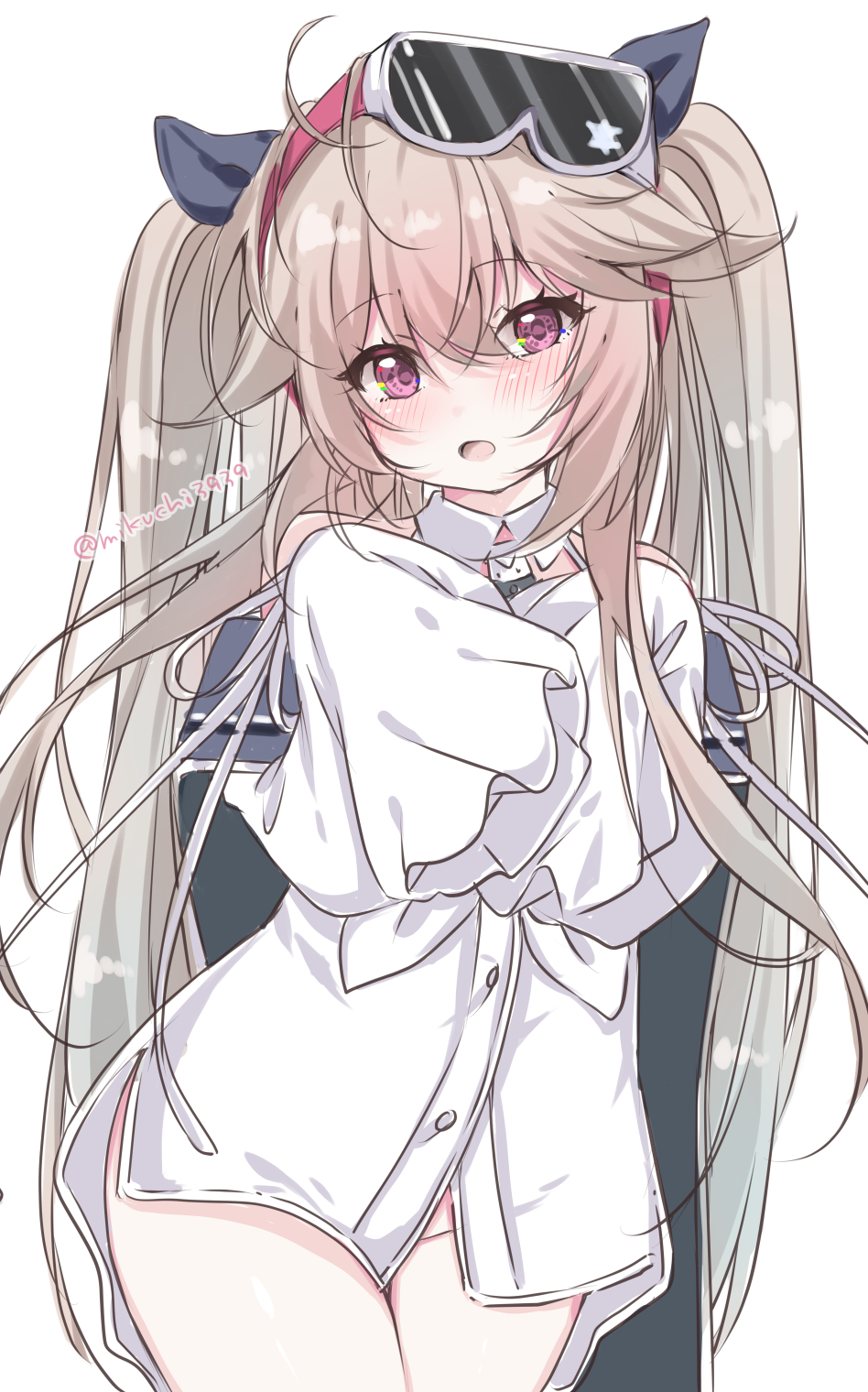 1girl, aged_down, azur_lane, blue_ribbon, blush, brown_hair, goggles, goggles_on_head