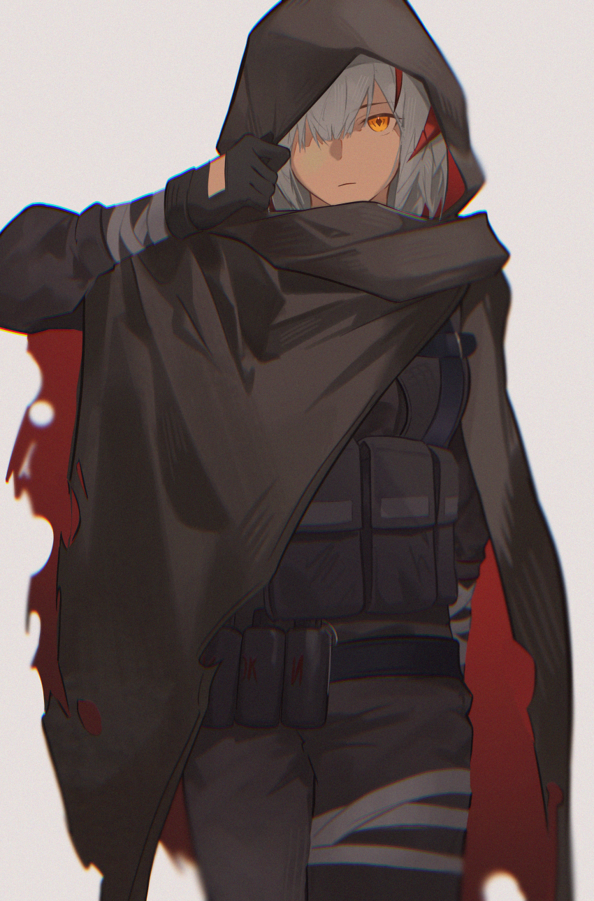 1girl, absurdres, arknights, black_gloves, body_armor, brown_cat, cat, cloak