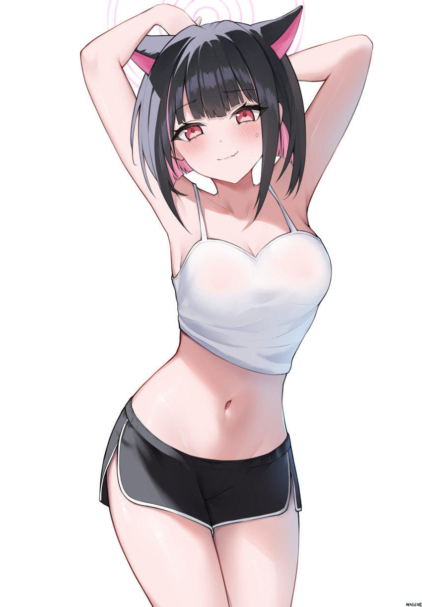 1girl, absurdres, animal_ears, armpits, arms_behind_head, arms_up, bare_shoulders, black_hair, black_shorts, blue_archive, blush, breasts, camisole, cat_ears, cleavage, colored_inner_hair, commentary_request, dolphin_shorts, extra_ears, halo, highres, kazusa_(blue_archive), looking_at_viewer, medium_breasts, midriff, multicolored_hair, nagine, navel, pink_hair, red_eyes, short_hair, short_shorts, shorts, smile, solo, thighs, two-tone_hair, white_background, white_camisole