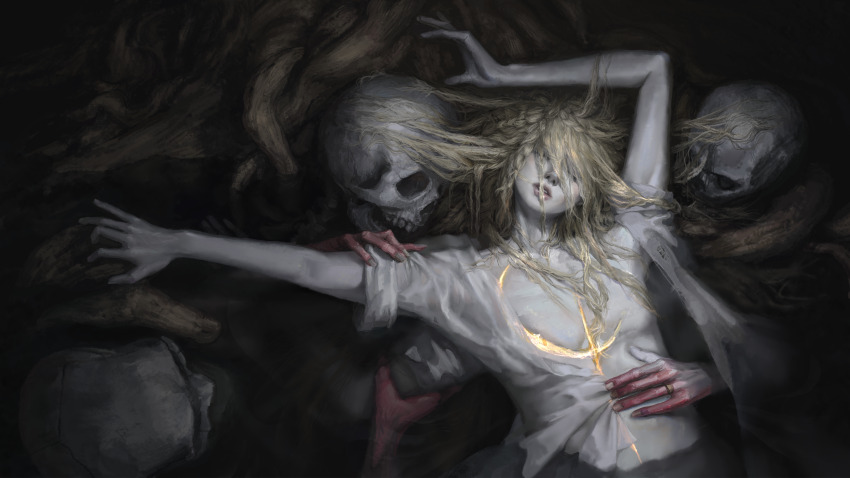 1boy, absurdres, adora_zhang, arm_up, blonde_hair, braid, commentary, elden_ring, english_commentary, grabbing_another's_arm, hair_over_eyes, hand_on_another's_stomach, highres, long_hair, lying, male_focus, miquella_(elden_ring), pale_skin, parted_lips, shirt, skeleton, skull, solo_focus, torn_clothes, torn_shirt, upper_body, white_shirt