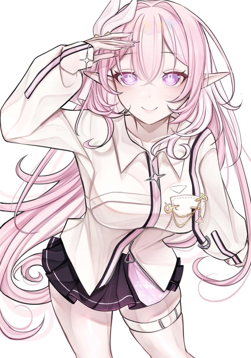 1girl, absurdres, black_skirt, breasts, commentary, diamond-shaped_pupils, diamond_(shape), elf, elysia_(herrscher_of_human:_ego)_(honkai_impact), elysia_(honkai_impact), elysia_(impression:_ego)_(honkai_impact), english_commentary, hair_ornament, highres, honkai_(series), honkai_impact_3rd, large_breasts, long_hair, miniskirt, official_alternate_costume, pink_hair, pointy_ears, purple_eyes, rosheil, shirt, simple_background, single_thighhigh, skirt, smile, solo, symbol-shaped_pupils, thighhighs, thighs, very_long_hair, white_background, white_shirt, white_thighhighs