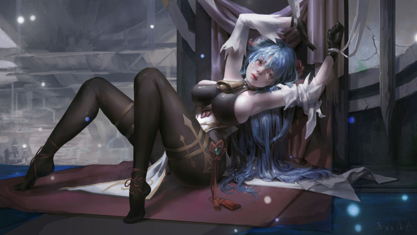 1girl, absurdres, adora_zhang, armpits, arms_up, artist_name, backless_bodysuit, backless_outfit, barefoot, bell, black_gloves, black_pantyhose, blue_hair, bodystocking, bound, bound_wrists, breasts, chinese_knot, closed_mouth, commentary, detached_sleeves, english_commentary, full_body, ganyu_(genshin_impact), genshin_impact, gloves, goat_horns, highres, horns, knees_up, large_breasts, light_particles, lips, long_hair, looking_at_viewer, neck_bell, orange_eyes, pantyhose, pelvic_curtain, pink_lips, red_horns, sideboob, sitting, skindentation, solo, tassel, vision_(genshin_impact), white_sleeves