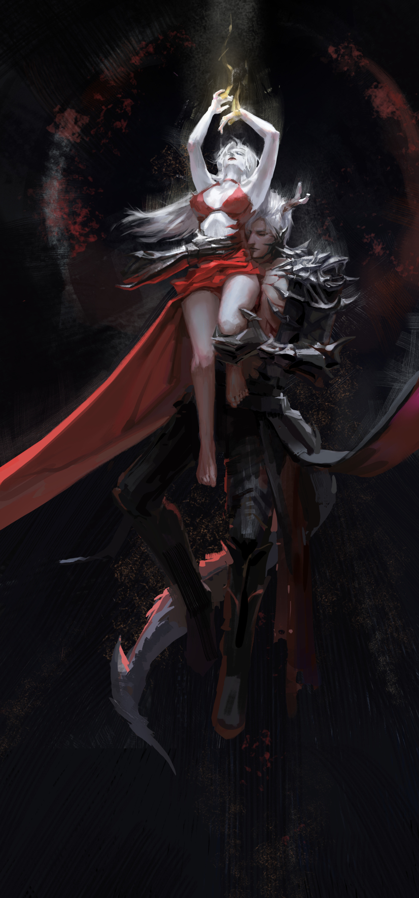 1boy, 1girl, absurdres, adora_zhang, armor, arms_up, barefoot, black_armor