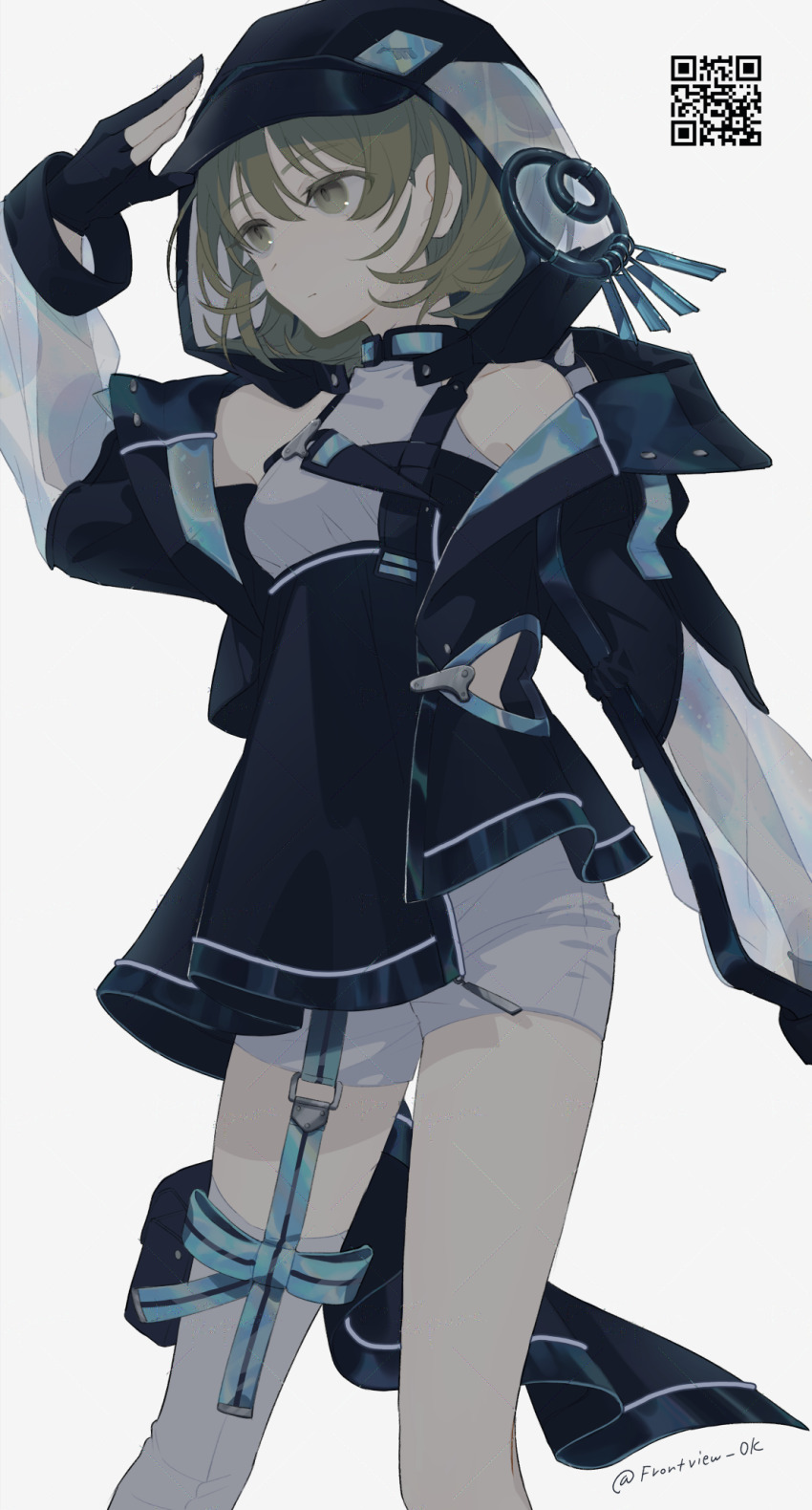 1girl, bare_shoulders, black_dress, black_raincoat, blue_ribbon, breasts, buckle, dress