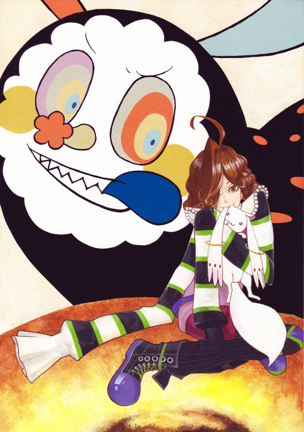 10s, 1boy, ahoge, bad_id, bad_pixiv_id, biting, brown_eyes, brown_hair, charlotte_(madoka_magica), clown, crossover, fate/extra, fate/stay_night, fate_(series), highres, kurumaki, kyubey, mahou_shoujo_madoka_magica, mahou_shoujo_madoka_magica_(anime), run_ru, traditional_media