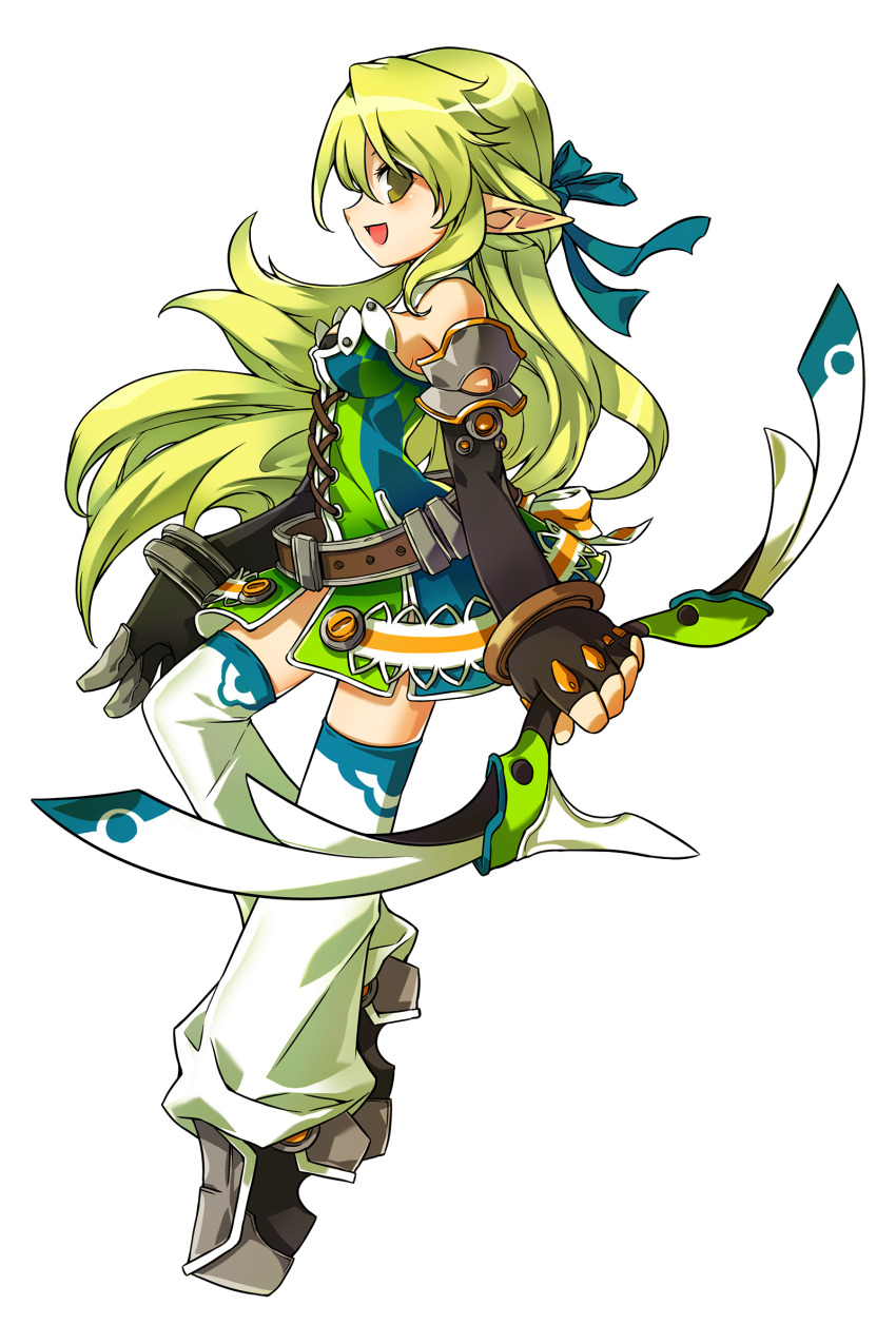 1girl, :d, absurdres, black_gloves, blue_bow, boots, bow, bow_(weapon)