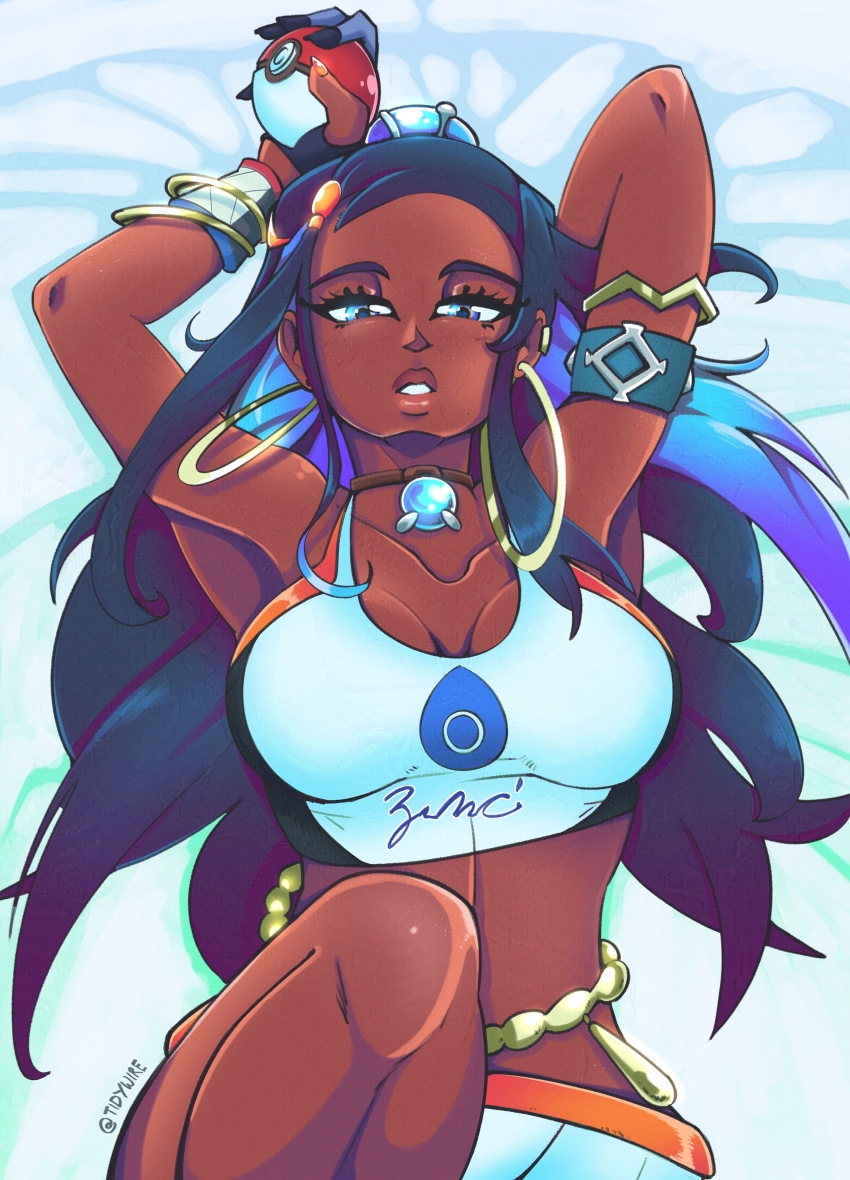 1girl, absurdres, armlet, black_hair, blue_eyes, breasts, cleavage, collarbone