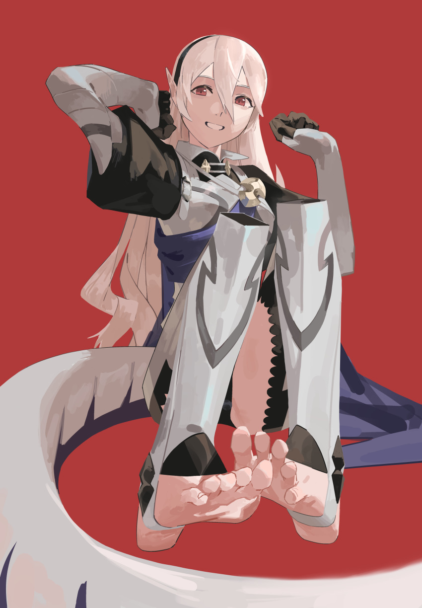 1girl, absurdres, armor, arms_up, barefoot, black_gloves, black_hairband, blue_cape, breasts, cameltoe, cape, dragon_tail, eyelashes, feet, female_corrin_(fire_emblem), fire_emblem, fire_emblem_fates, flipped_hair, foot_focus, full_body, gloves, grey_hair, hair_between_eyes, hair_ornament, hairband, happy, highres, intelligent_systems, knees_up, kucheat_zg, leg_armor, leotard, leotard_under_clothes, long_hair, looking_at_viewer, medium_breasts, nintendo, parted_lips, pointy_ears, red_eyes, sidelocks, slit_pupils, smile, soles, stirrup_legwear, tail, thighs, toeless_legwear, toes, wavy_hair