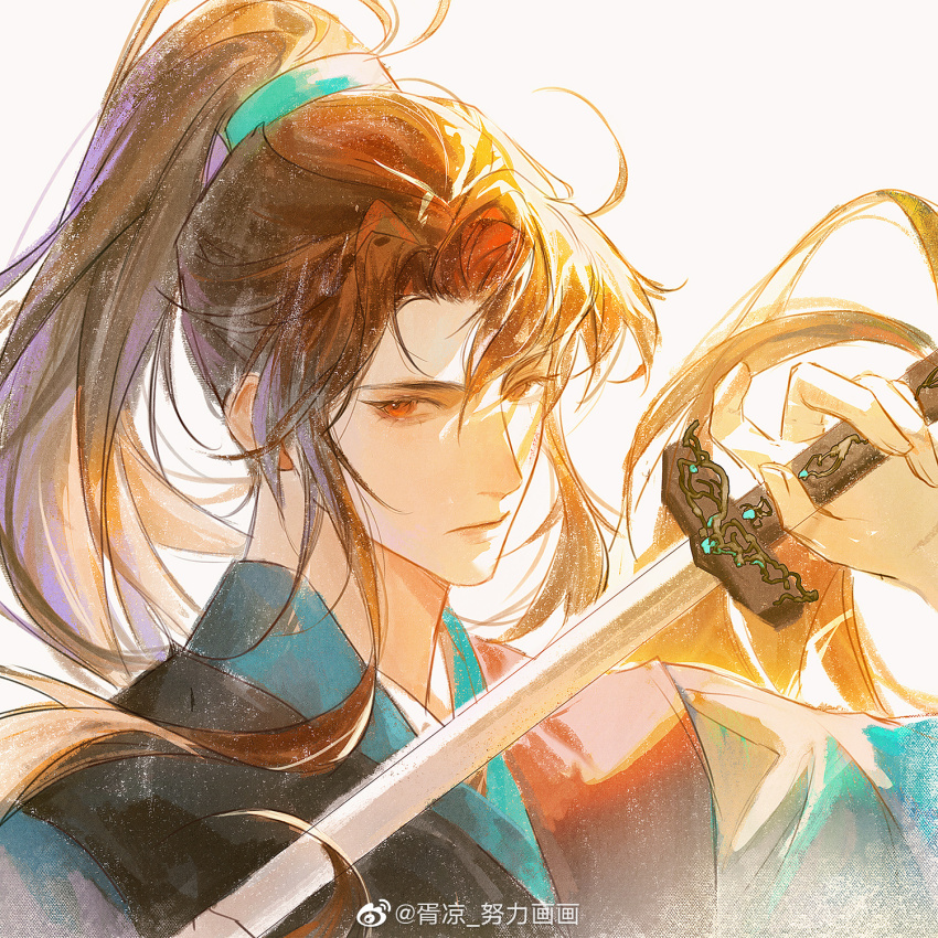 1boy, black_hanfu, brown_eyes, brown_hair, cheng_qian, chinese_clothes, closed_mouth, hanfu