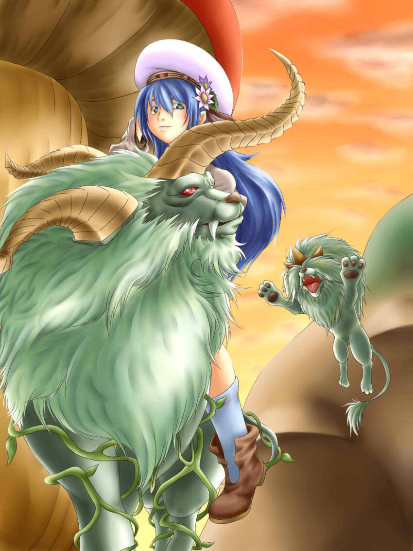 1girl, blue_hair, boots, brown_boots, closed_mouth, cloud, fangs, flower