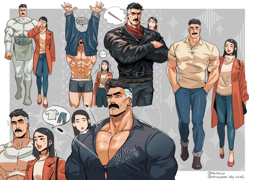 1boy, 1girl, abs, bag, belt, black_bag, black_hair, black_jacket