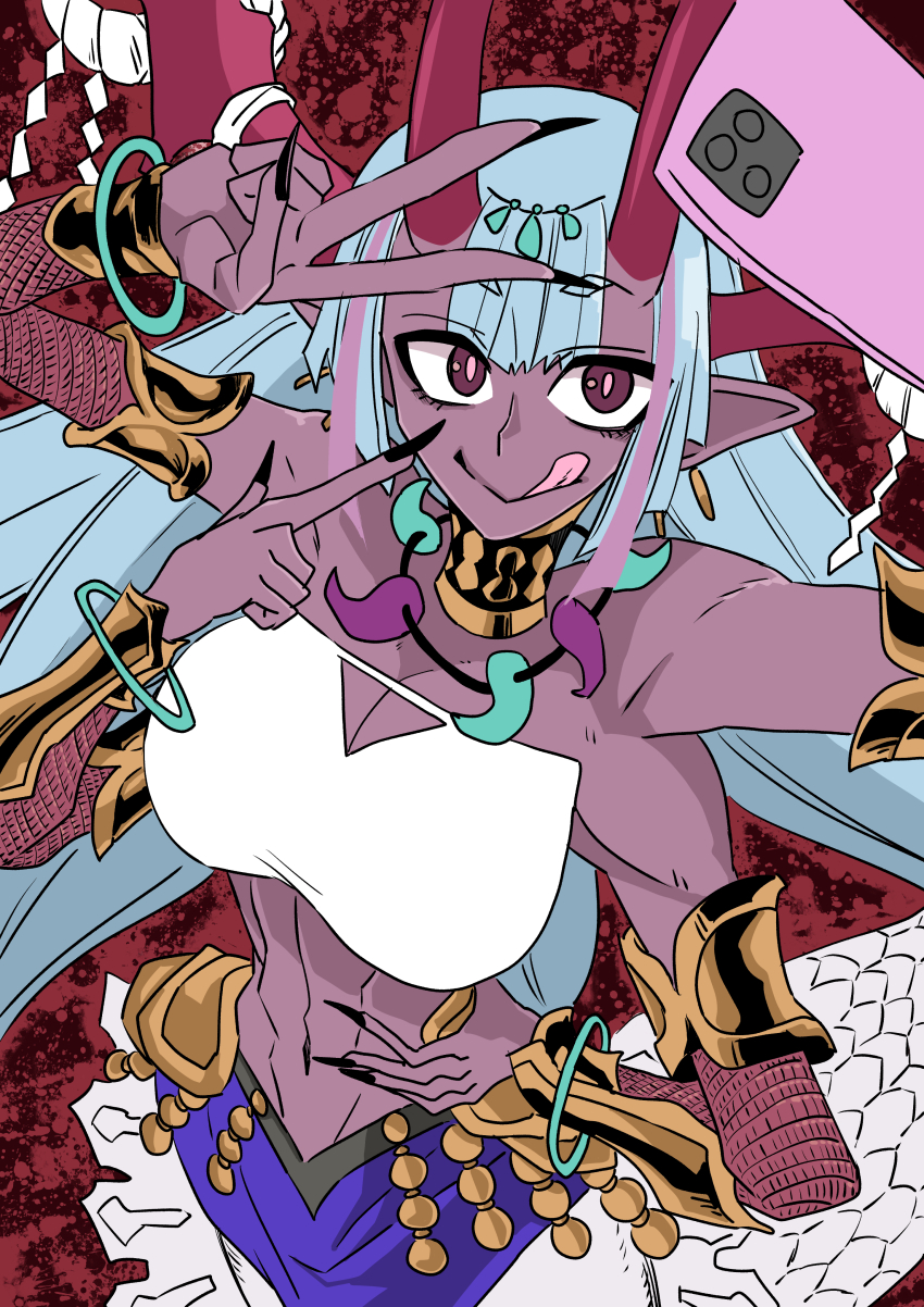 1girl, abs, absurdres, arm_guards, armlet, armor, black_nails, blue_hair