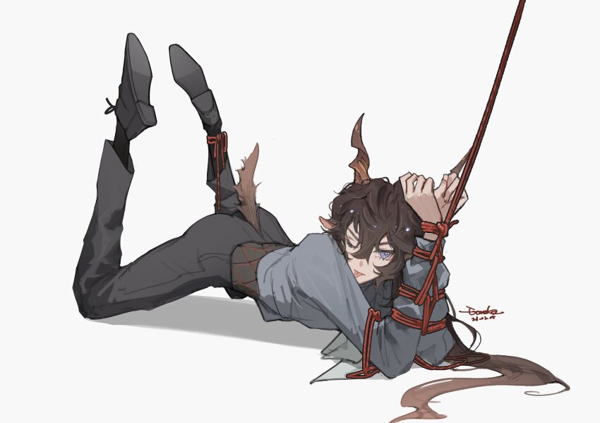1boy, animal_ears, arknights, arms_up, black_hair, black_pants, blue_eyes, bound, dress_shirt, ebenholz_(arknights), eureka1812, goat, goat_boy, goat_ears, goat_tail, grey_shirt, grey_shoes, hair_between_eyes, highres, horns, kneehighs, long_hair, long_sleeves, low_ponytail, male_focus, one_eye_closed, pants, ponytail, restrained, rope, serow, shirt, shoes, simple_background, socks, solo, tail, tied_up_(nonsexual), watermark