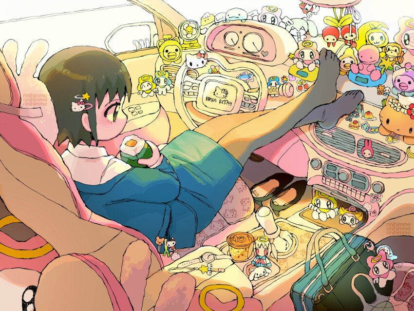 1girl, absurdly_detailed_composition, apollo_(rinihimme), bag, black_pantyhose, brown_hair, car, car_interior, character_request, charm_(object), cinnamoroll, collared_shirt, copyright_request, cup, drink, eating, feet, food, from_behind, fuwa_fuwa_cinnamoroll, hair_ornament, hairclip, handbag, hatsune_miku, hello_kitty, hello_kitty_(character), highres, itemlabel, jacket, loaded_interior, motor_vehicle, my_melody, my_melody_(series), original, pantyhose, peepy, rinihimme, sanrio, shirt, shoes, short_hair, sitting, skirt, smile_on_rainbow_flower!!, solo, steering_wheel, sticker, stuffed_toy, tan_hello_kitty, vocaloid, white_shirt