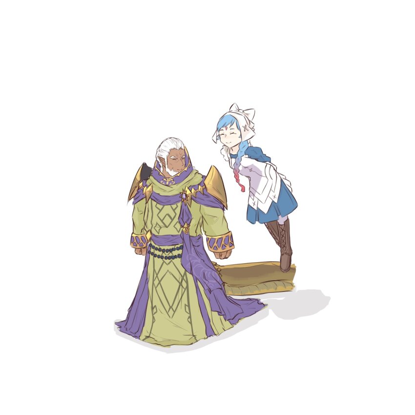 1boy, 1girl, aged_down, beard, blue_dress, blue_hair, boots, braid