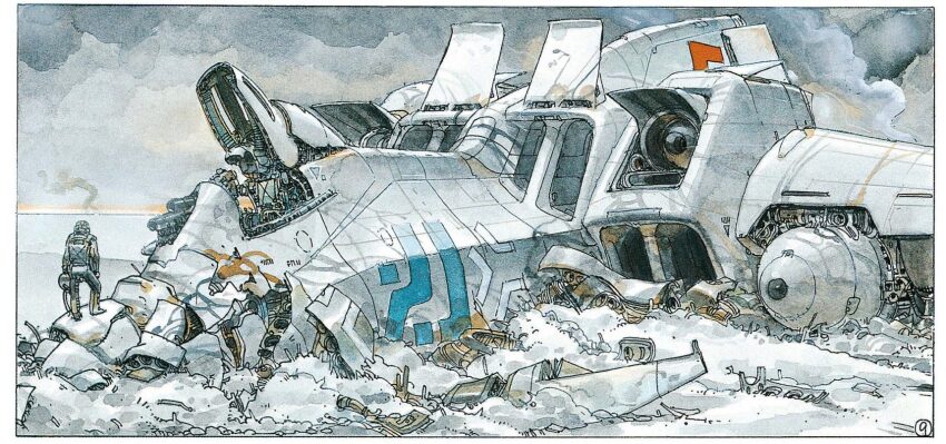 1980s_(style), 1girl, astronaut, canopy_(aircraft), cloud, cloudy_sky, cockpit, damaged, debris, desert, dirty, helmet, highres, holding, holding_unworn_helmet, juan_gimenez, machinery, mega_exether, official_art, oldschool, open_hatch, pilot, realistic, retro_artstyle, roundel, scan, science_fiction, sky, smoke, spacecraft, starfighter, the_fourth_power, traditional_media, unworn_helmet, wreckage