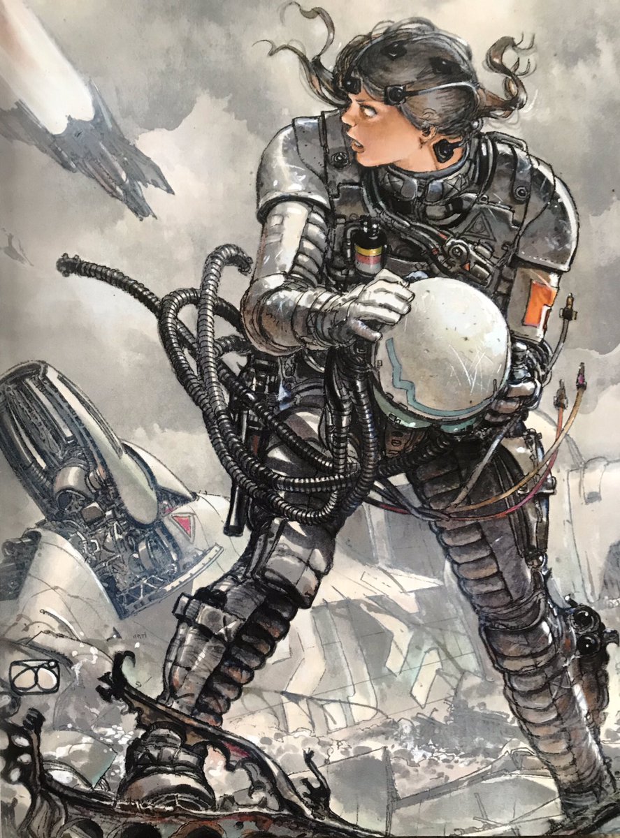 1980s_(style), 1girl, after_battle, cable, canopy_(aircraft), cloud, cloudy_sky, damaged, debris, energy_gun, explosive, flying, grenade, helmet, highres, holding, holding_unworn_helmet, holster, hose, juan_gimenez, looking_back, machinery, mega_exether, official_art, oldschool, open_hatch, pilot, ray_gun, realistic, retro_artstyle, roundel, scan, science_fiction, signature, sky, spacecraft, spacesuit, starfighter, the_fourth_power, thrusters, traditional_media, tube, unworn_helmet, weapon, wreckage