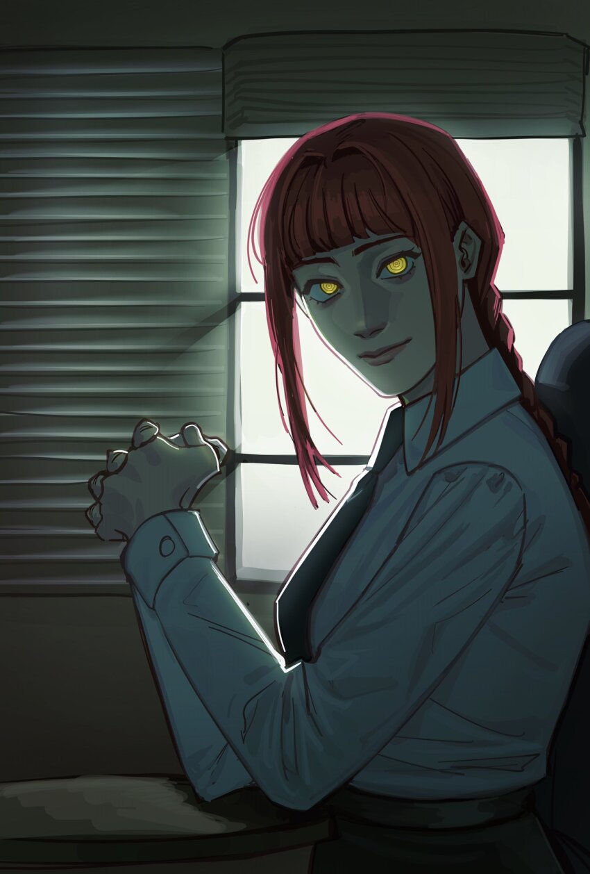 1girl, black_necktie, braid, chainsaw_man, closed_mouth, drugsandsocks, highres, interlocked_fingers