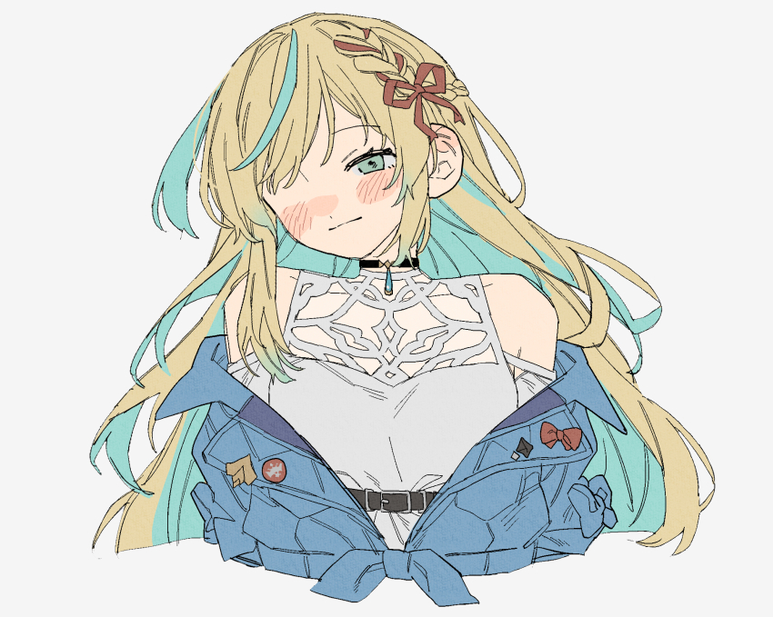 1girl, black_choker, blonde_hair, blue_hair, blue_jacket, blush, braid, breasts