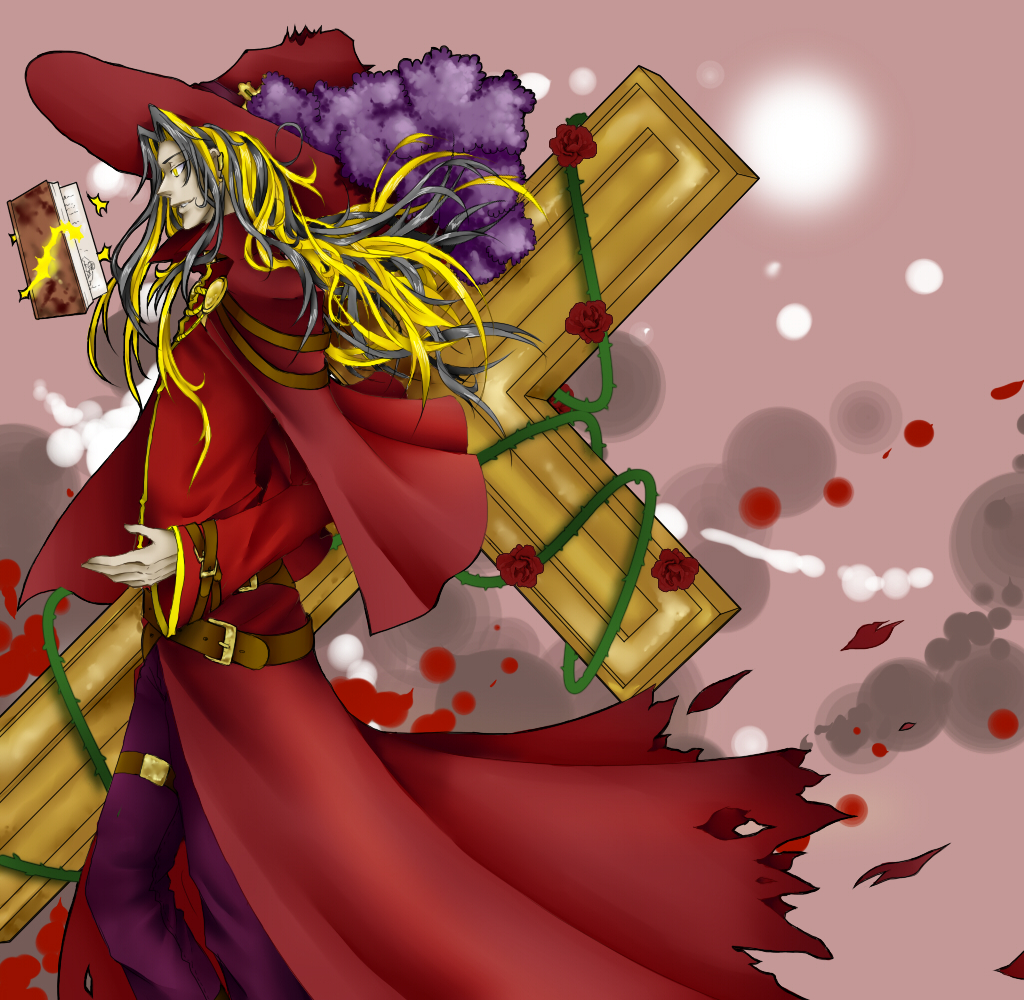 1boy, blonde_hair, book, brown_background, coat, commentary_request, cross, evil_druid_(ragnarok_online)