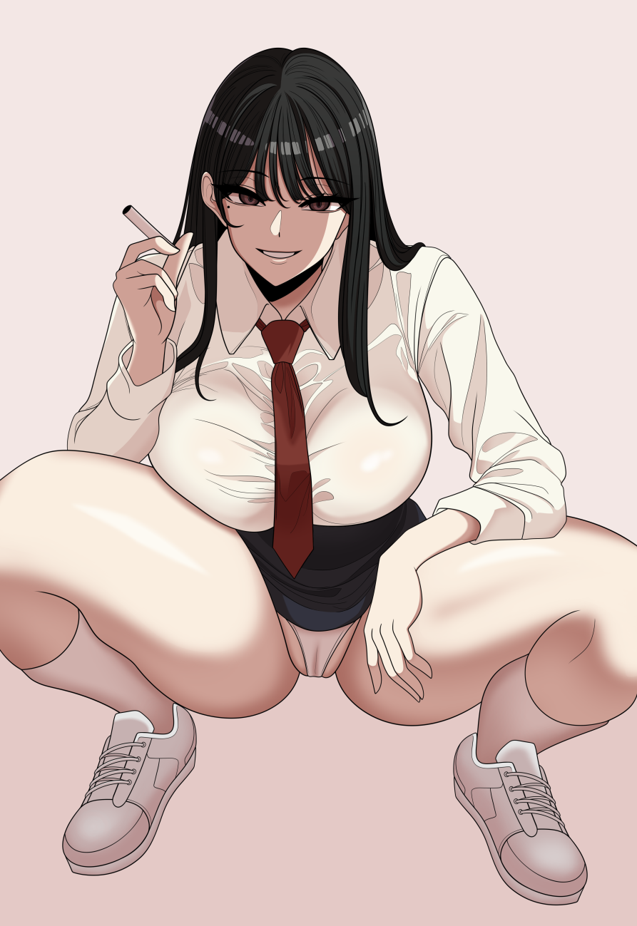 1girl, beautiful_gunbari, black_hair, black_skirt, breasts, brown_eyes, cameltoe, cigarette