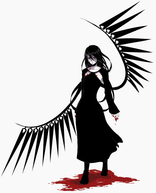 1girl, black_boots, black_dress, black_hair, black_wings, blood, blood_on_clothes, blood_on_face
