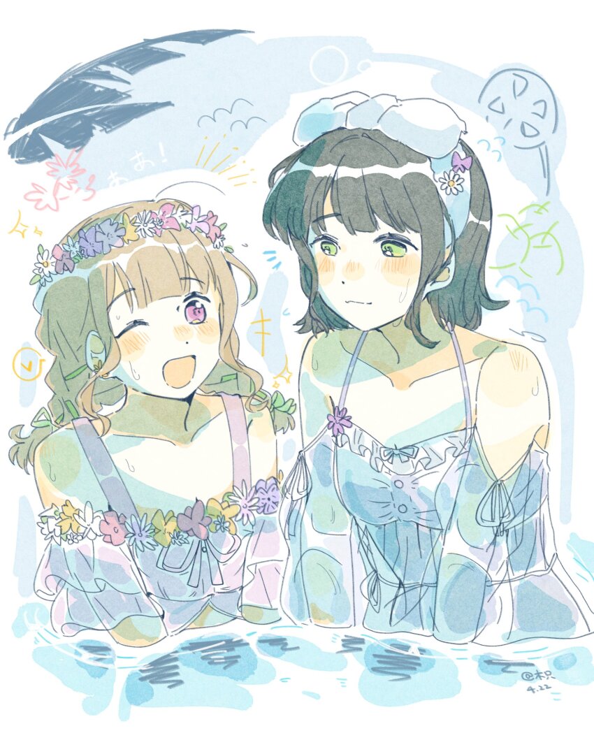 2girls, :3, ;d, artist_name, bare_shoulders, bikini, black_hair, blunt_bangs