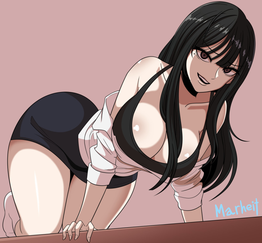 1girl, artist_name, bare_legs, beautiful_gunbari, black_camisole, black_hair, black_skirt, breasts