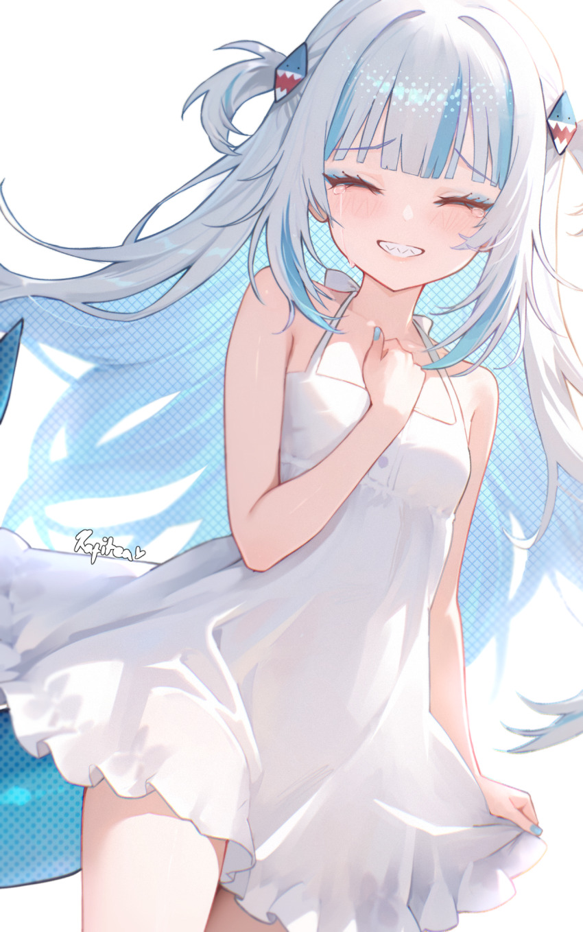 1girl, alternate_costume, artist_name, blue_eyeshadow, blue_hair, blue_nails, blunt_bangs, blush