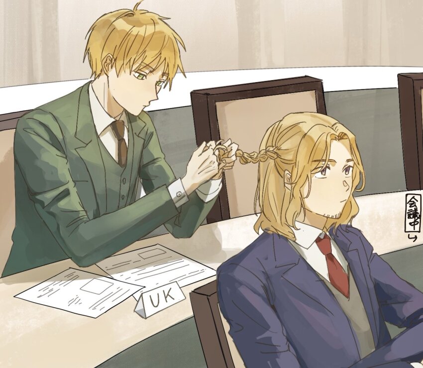 2boys, axis_powers_hetalia, blonde_hair, braid, brown_necktie, buttons, chair, chiqma0, closed_mouth, collared_shirt, commentary_request, facial_hair, france_(hetalia), green_eyes, green_jacket, green_vest, grey_vest, hands_up, highres, holding_another's_hair, indoors, jacket, lapels, long_sleeves, looking_at_another, male_focus, multiple_boys, necktie, on_chair, open_clothes, open_jacket, paper, purple_eyes, purple_jacket, red_necktie, shirt, short_hair, sitting, suit_jacket, table, united_kingdom_(hetalia), vest, white_shirt