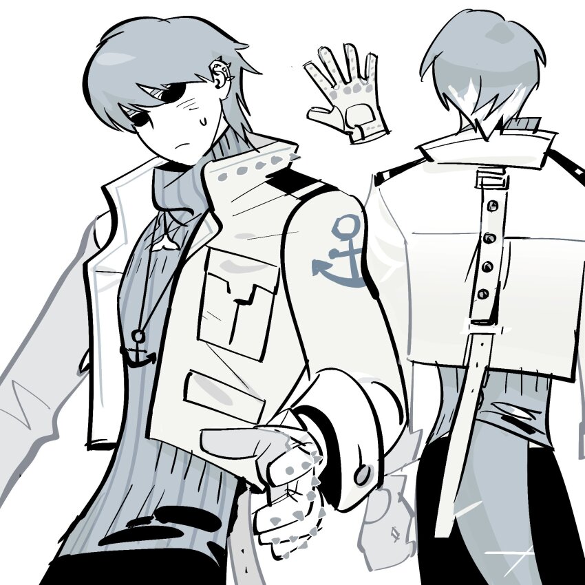 1boy, cetacean_tail, colored_tips, commentary_request, cropped_jacket, fins, fish_tail, gloves