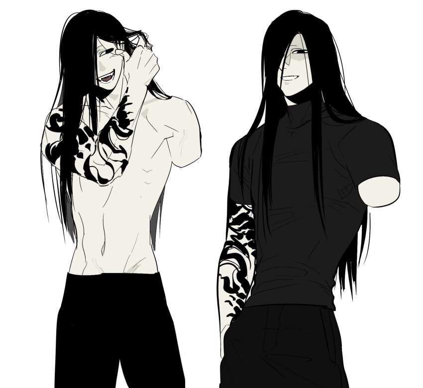 1boy, amputee, arm_tattoo, black_eyes, black_hair, black_shirt, cowboy_shot, hair_over_one_eye