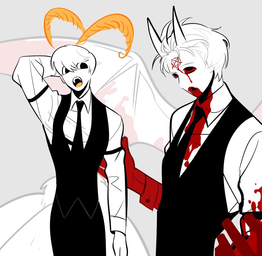 1boy, antennae, arm_behind_head, black_eyes, black_vest, blood, blood_on_clothes, blood_on_face