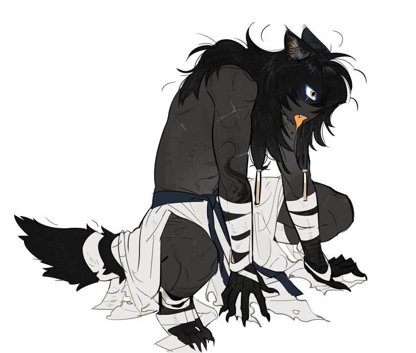 1boy, animal_ears, bandaged_arm, bandages, black_hair, black_skin, claws, colored_skin