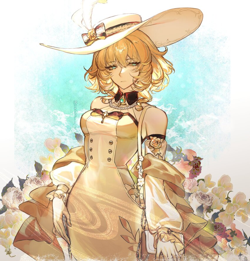 1girl, aglaea_(honkai:_star_rail), aglaea_(mom's_touch)_(honkai:_star_rail), bag, bare_shoulders, black_bow, blonde_hair, blue_background