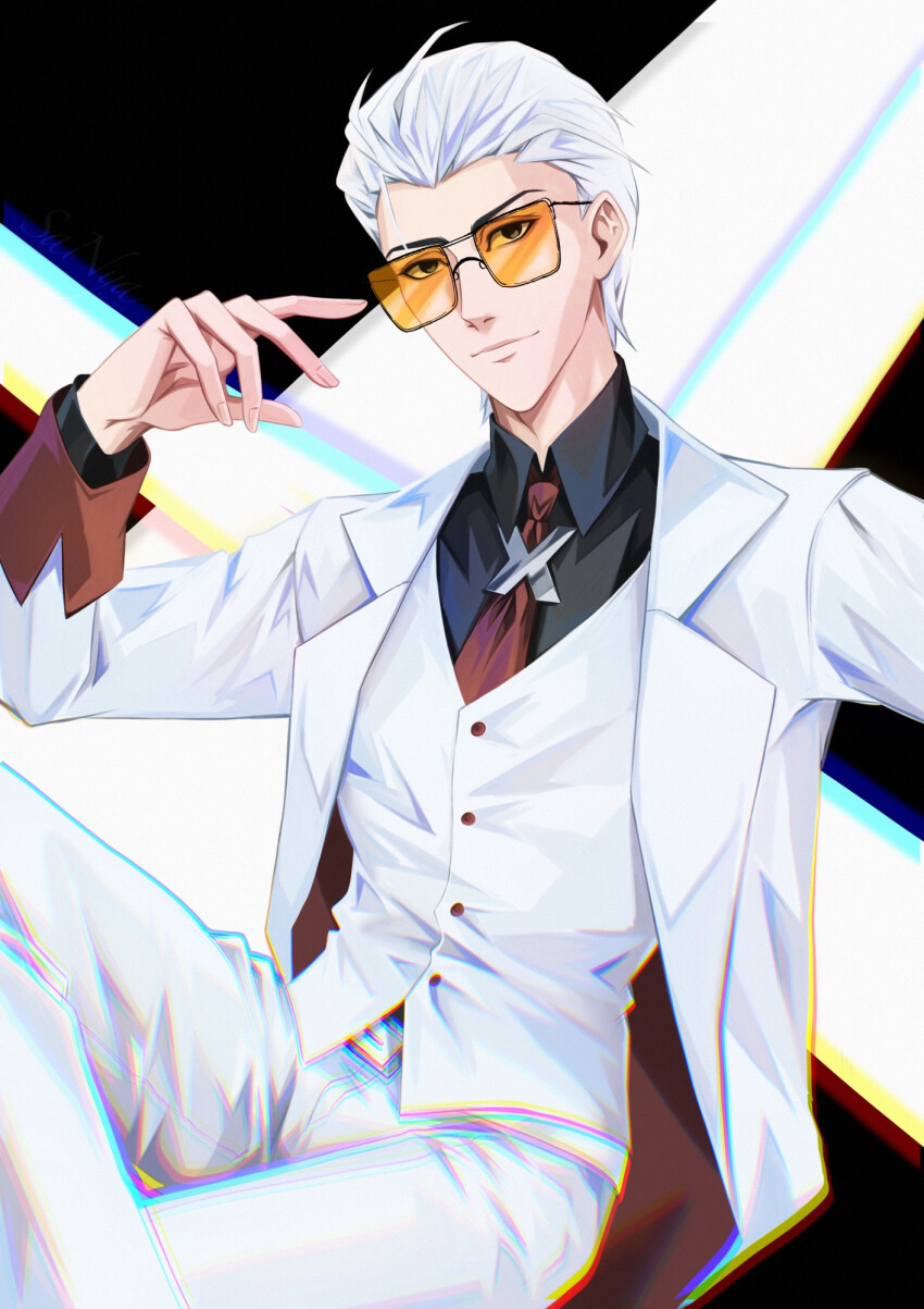 1boy, closed_mouth, crossed_legs, glasses, hand_up, highres, jacket, light_smile