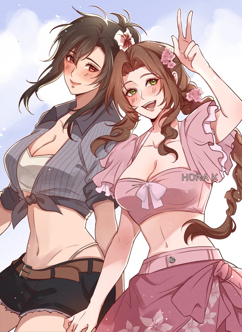 2girls, absurdres, aerith_gainsborough, aerith_gainsborough_(white_floral_dress), black_hair, black_shorts, blush, bra, braid, braided_ponytail, breasts, brown_hair, cleavage, closed_mouth, cloud_strife, collarbone, collared_shirt, commentary, costa_del_sol, crop_top, english_commentary, final_fantasy, final_fantasy_vii, final_fantasy_vii_rebirth, final_fantasy_vii_remake, flower, frilled_sleeves, frills, green_eyes, grey_shirt, hair_between_eyes, hair_flower, hair_ornament, hibiscus, highres, hora_k, large_breasts, medium_breasts, midriff, multiple_girls, official_alternate_costume, official_alternate_hairstyle, open_mouth, parted_bangs, pink_flower, pink_sarong, pink_shirt, pink_skirt, red_eyes, sarong, shirt, short_shorts, short_sleeves, shorts, sidelocks, single_braid, skirt, smile, striped_clothes, striped_shirt, tifa_lockhart, tifa_lockhart_(majestic_glamour), underwear, updo, v, white_bra