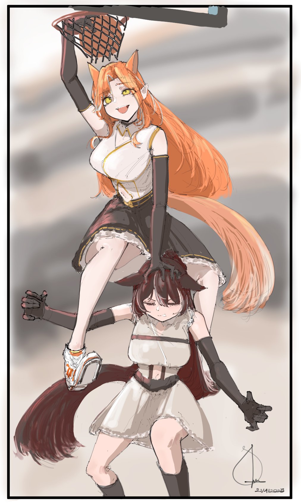 2girls, animal_ears, breasts, clothing_cutout, door_knob_(horse_race_tests), elbow_gloves, gloves, highres, horse_ears, horse_race_tests, horse_tail, jovial_merryment, large_breasts, long_hair, meme, multiple_girls, navel_cutout, shinep_ag, skirt, slam_dunk_(basketball), sleeveless, tail, venom_dunking_on_spider-man_(meme), yellow_eyes