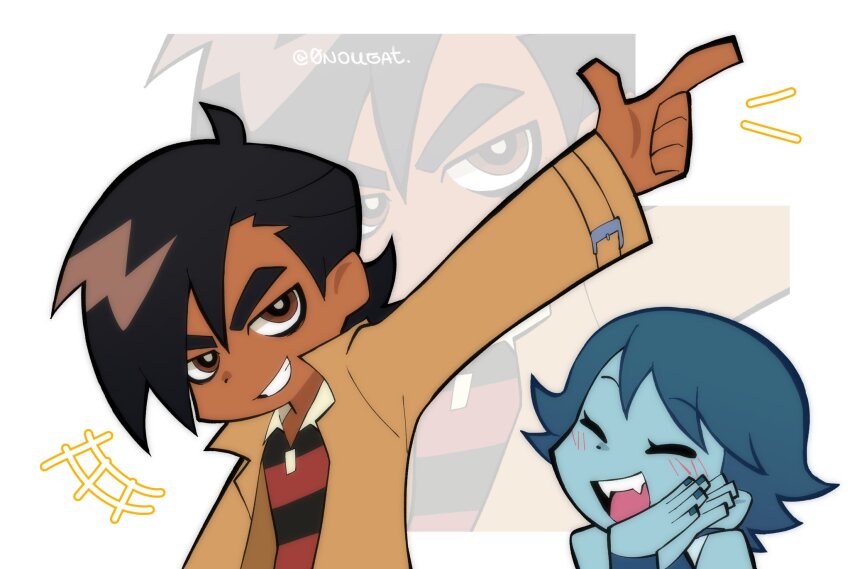 0nougat, 1boy, 1girl, ahoge, bags_under_eyes, black_hair, blue_hair, blue_skin