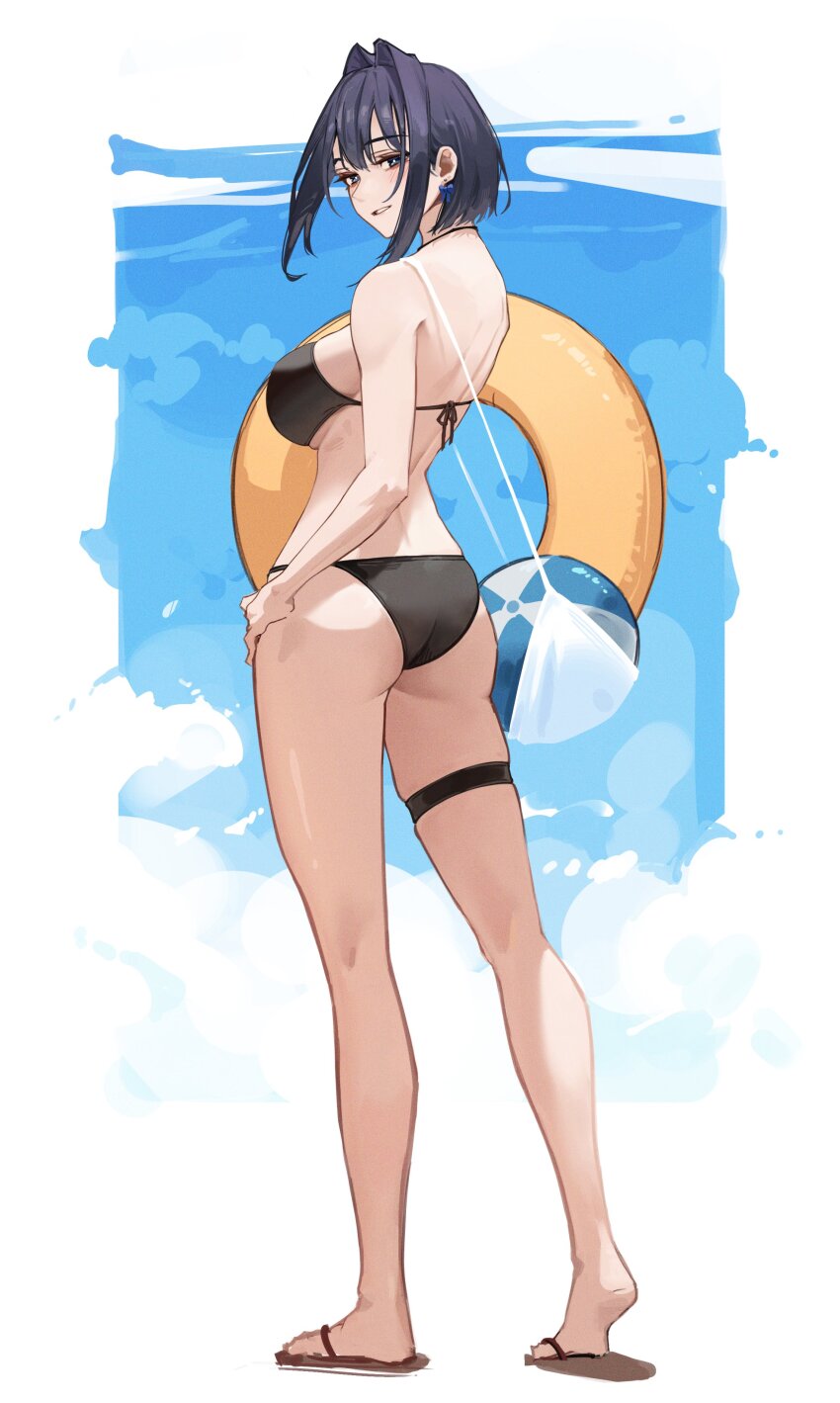 1girl, absurdres, ass, ball, beachball, bikini, black_bikini, blue_eyes