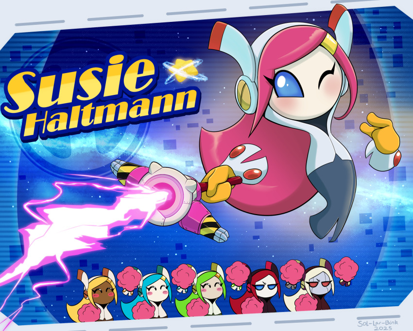 6+girls, alternate_color, alternate_skin_color, blonde_hair, blue_eyes, blue_hair, closed_eyes, dark-skinned_female