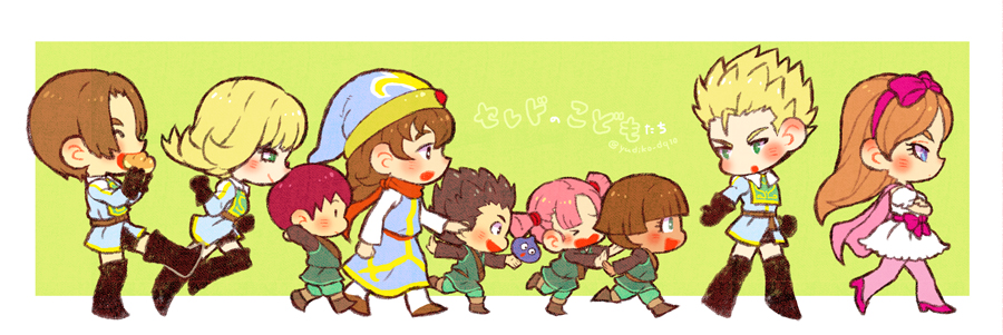 4girls, 5boys, androgynous, arms_behind_head, blonde_hair, blue_eyes, blue_robe, blunt_bangs, blunt_ends, boots, border, bow, bow_hairband, brown_hair, cape, character_request, chibi, child, commentary_request, crossed_arms, dark_skin, dragon_quest, dragon_quest_x, dress, firo_(dq10), green_background, green_eyes, green_shorts, green_tunic, hairband, hero_(dq10), high_heels, iyakika, long_hair, low_twintails, multiple_boys, multiple_girls, orange_hair, pantyhose, pink_bow, pink_cape, pink_hair, pink_hairband, pink_pantyhose, pink_shoes, profile, red_hair, red_scarf, rizerotta_(dq10), robe, scarf, shoes, short_hair, shorts, slime_(dragon_quest), thigh_boots, tunic, twintails, twitter_username, white_border, white_dress